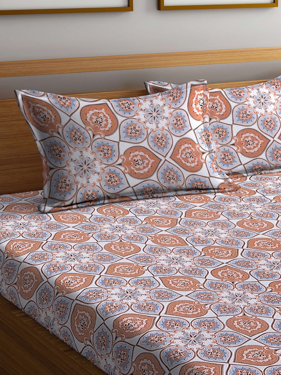 BOMBAY DYEING Brown & White Ethnic Motifs Cotton 104 TC King Bedsheet with 2 Pillow Covers | Grocsy
