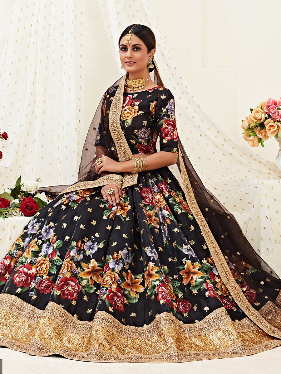 Myra Black Floral Print Embroidered Designer Lehenga | Grocsy
