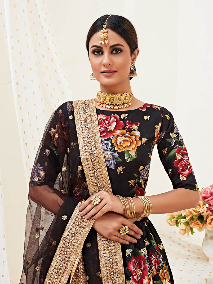 Myra Black Floral Print Embroidered Designer Lehenga | Grocsy