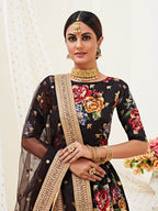 Myra Black Floral Print Embroidered Designer Lehenga | Grocsy