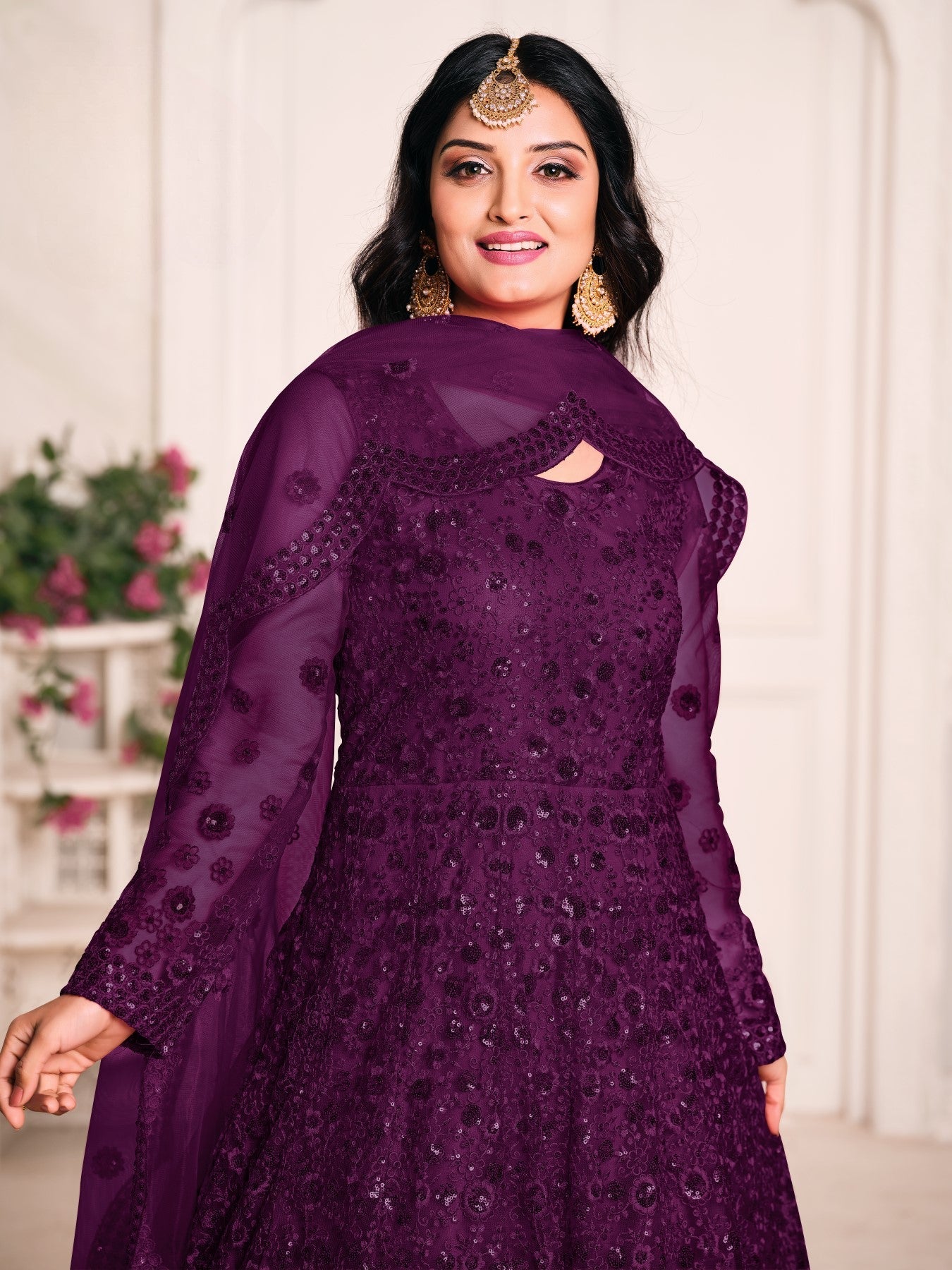 Anaita Purple Embroidered Net Anarkali Suit | Grocsy