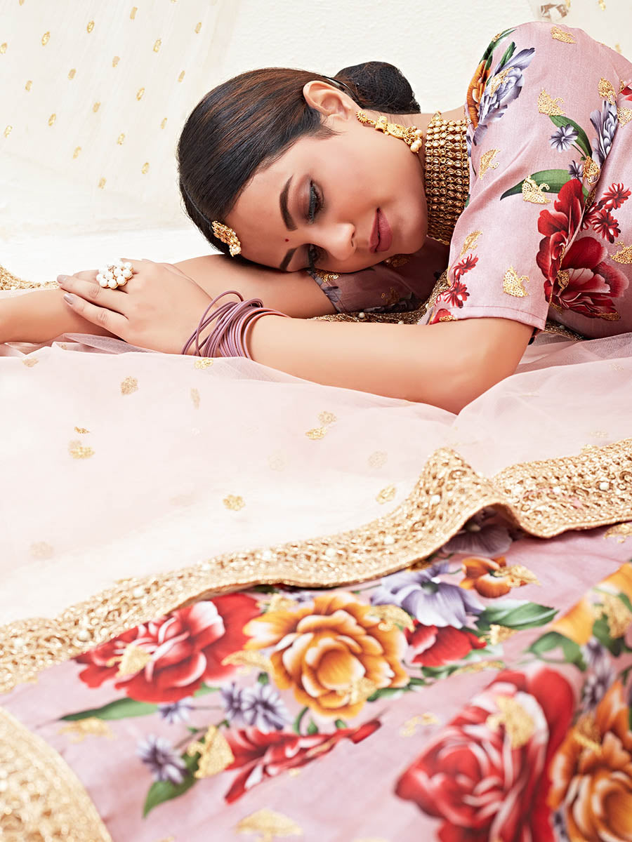 Myra Rosy Brown Floral Print Embroidered Designer Lehenga | Grocsy