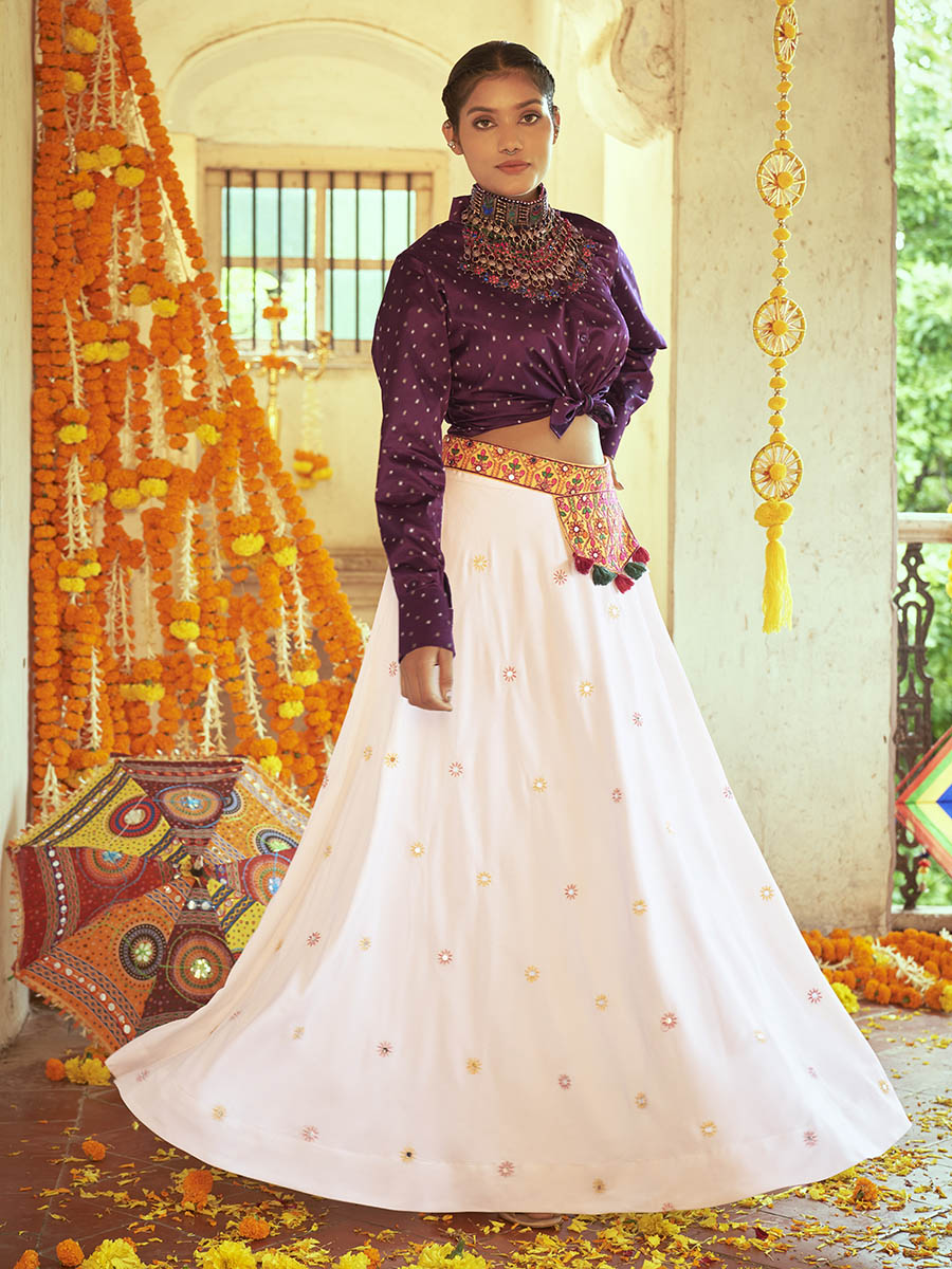 Myra Purple & White Cotton Embroidered Navratri Special Lehenga | Grocsy