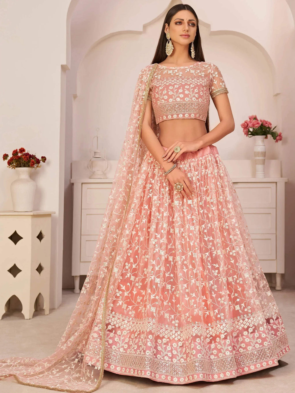 Tulsi Art Ravishing Light Pink Thread Net Festive Wear Lehenga Choli | Grocsy