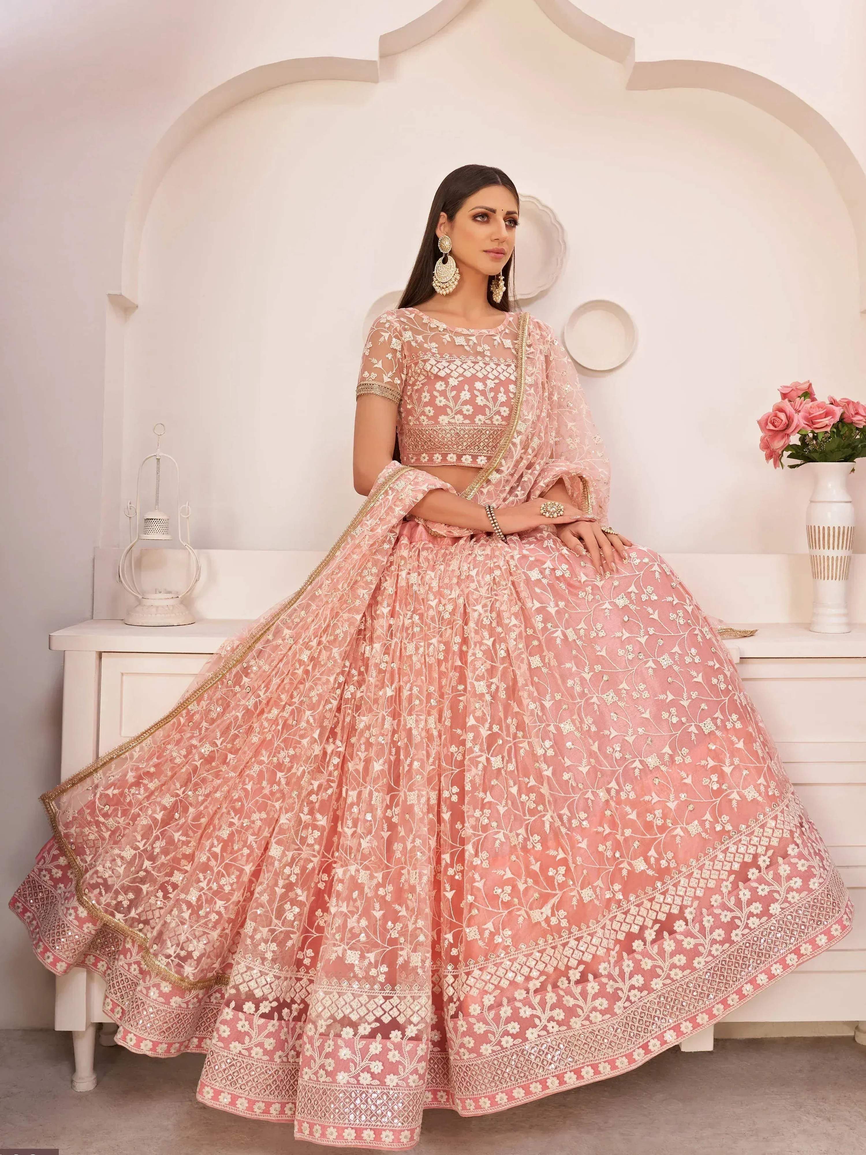 Tulsi Art Ravishing Light Pink Thread Net Festive Wear Lehenga Choli | Grocsy