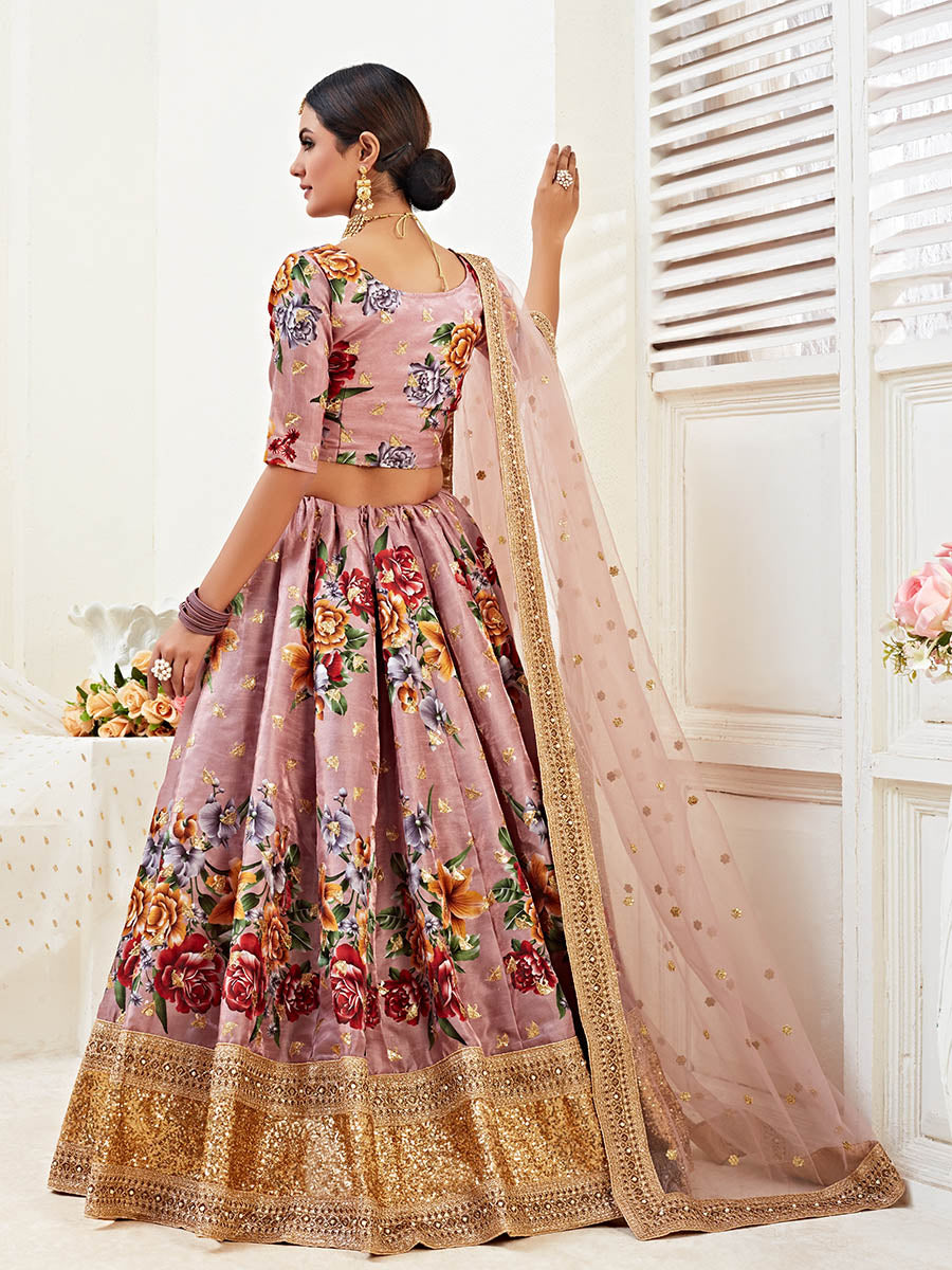 Myra Rosy Brown Floral Print Embroidered Designer Lehenga | Grocsy