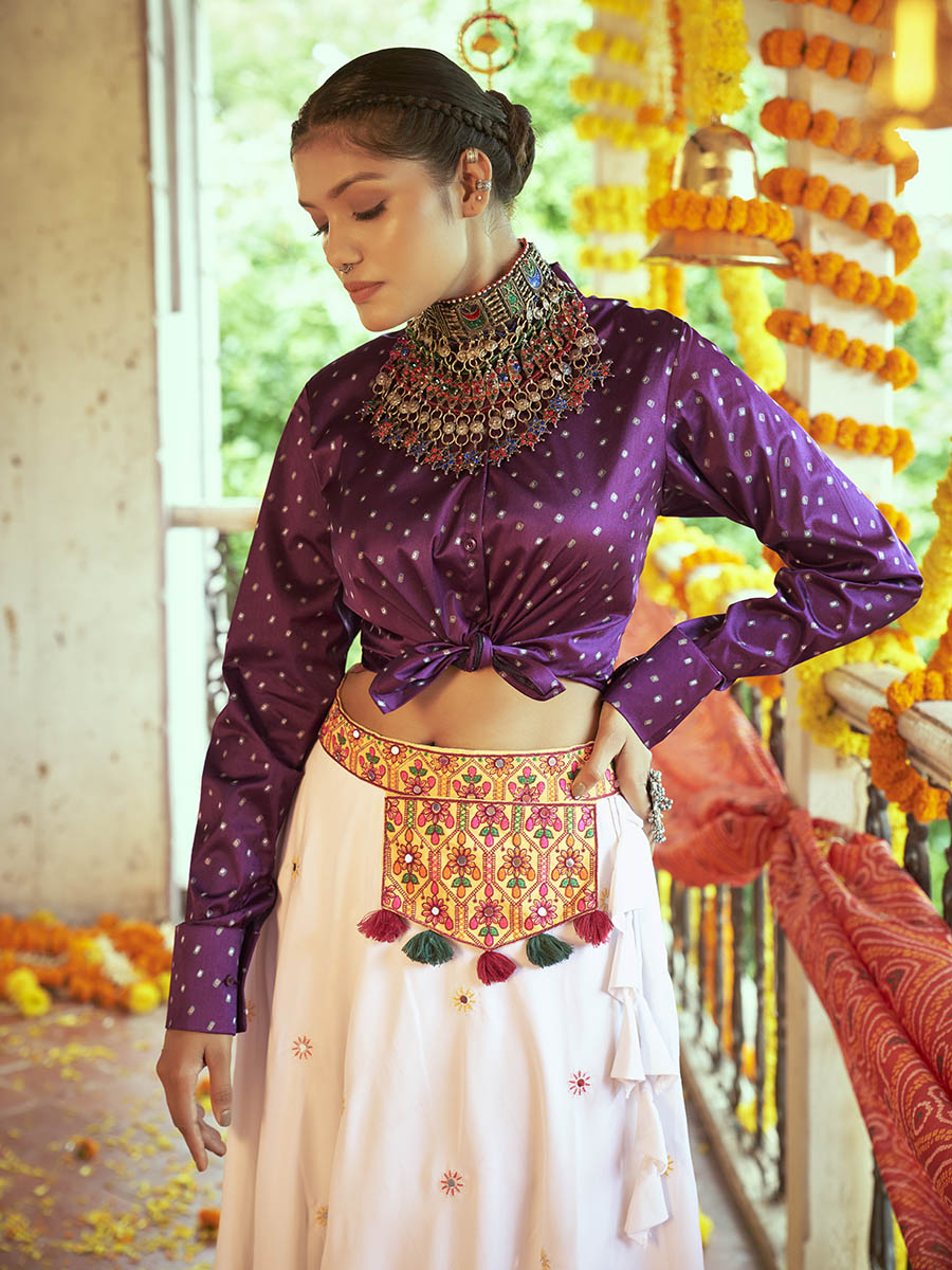 Myra Purple & White Cotton Embroidered Navratri Special Lehenga | Grocsy