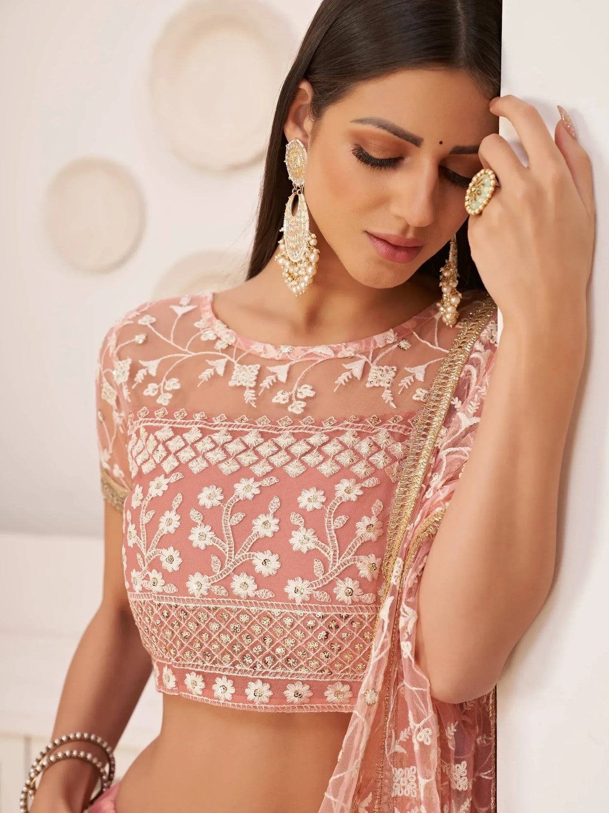 Tulsi Art Ravishing Light Pink Thread Net Festive Wear Lehenga Choli | Grocsy
