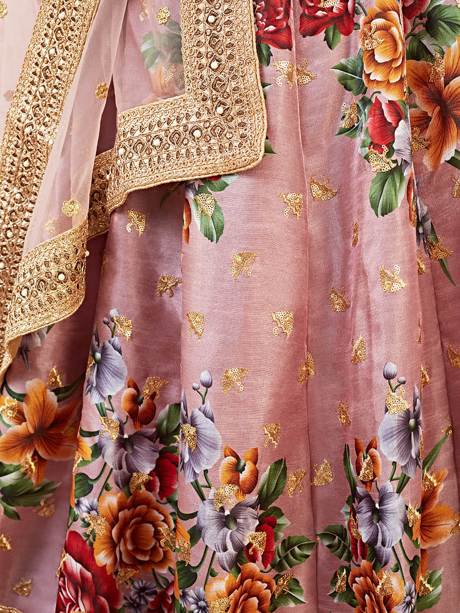 Myra Rosy Brown Floral Print Embroidered Designer Lehenga | Grocsy