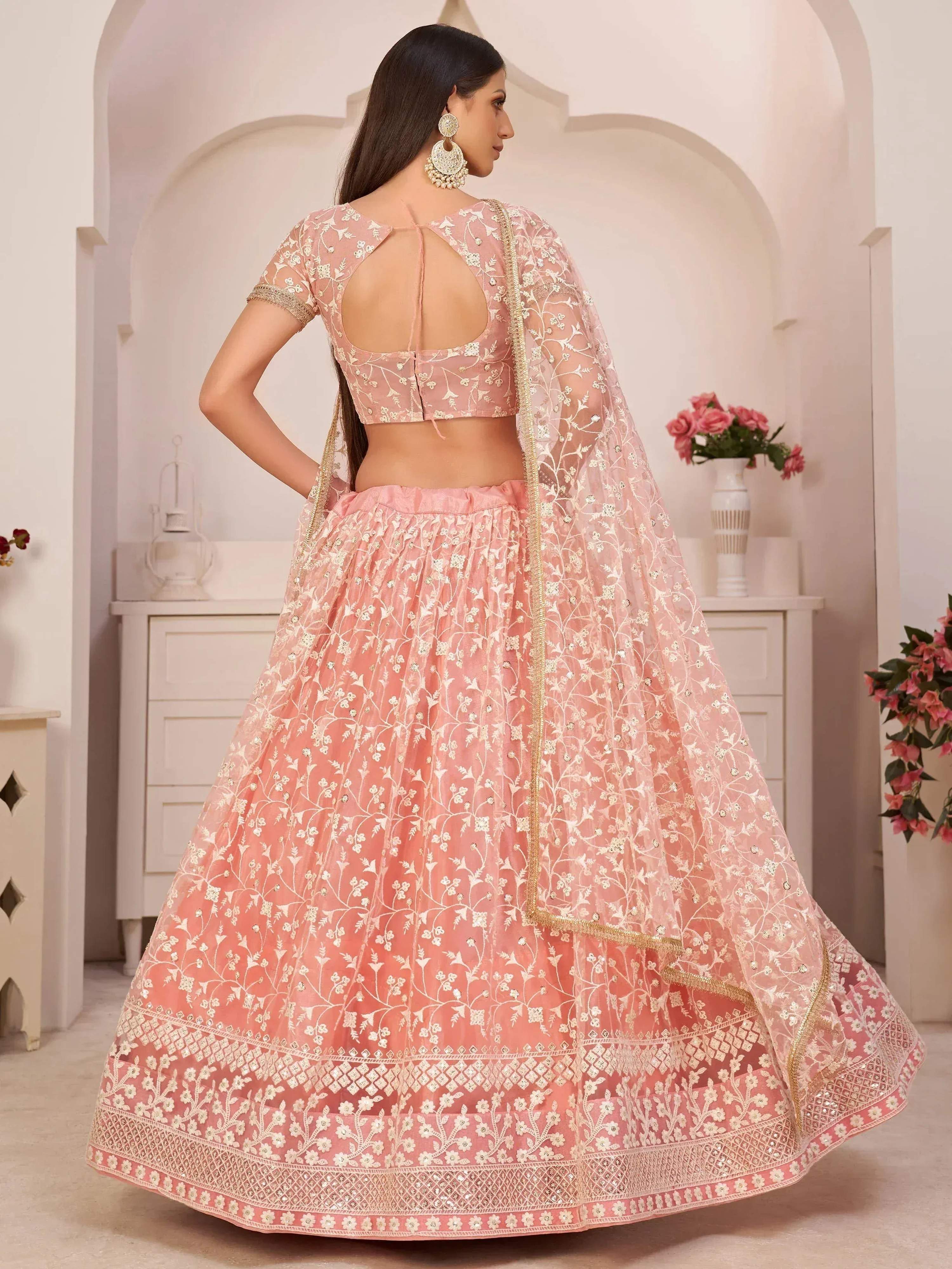 Tulsi Art Ravishing Light Pink Thread Net Festive Wear Lehenga Choli | Grocsy