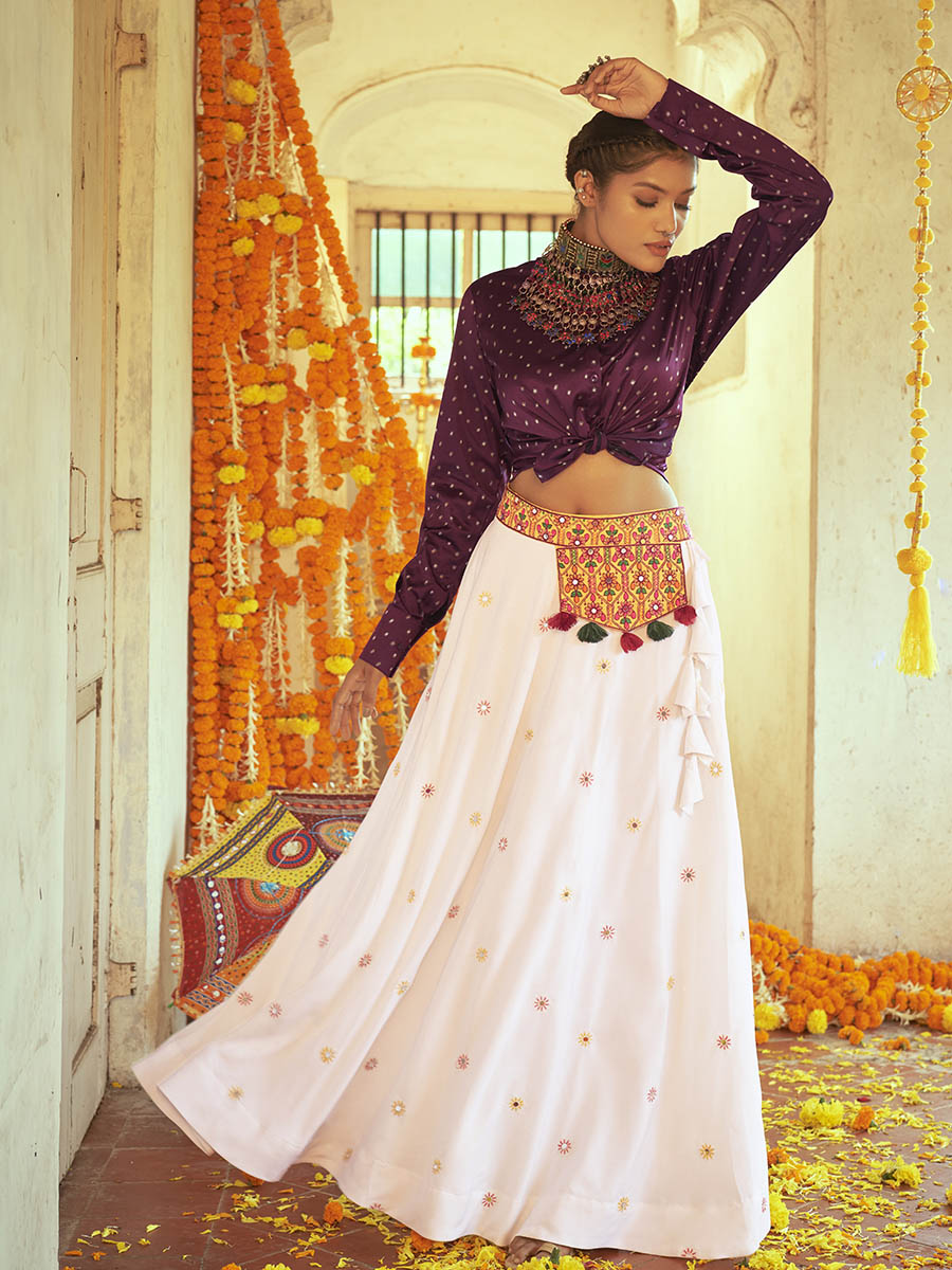 Myra Purple & White Cotton Embroidered Navratri Special Lehenga | Grocsy