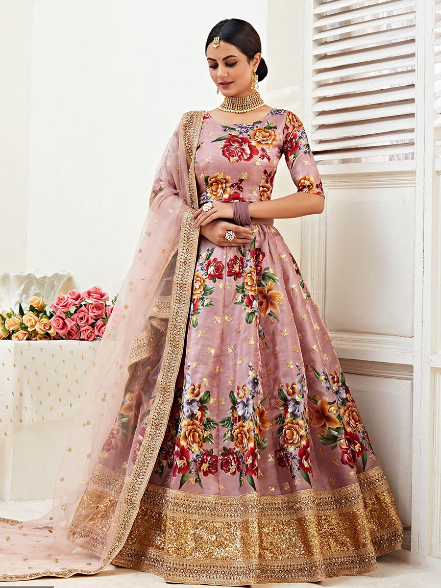 Myra Rosy Brown Floral Print Embroidered Designer Lehenga | Grocsy