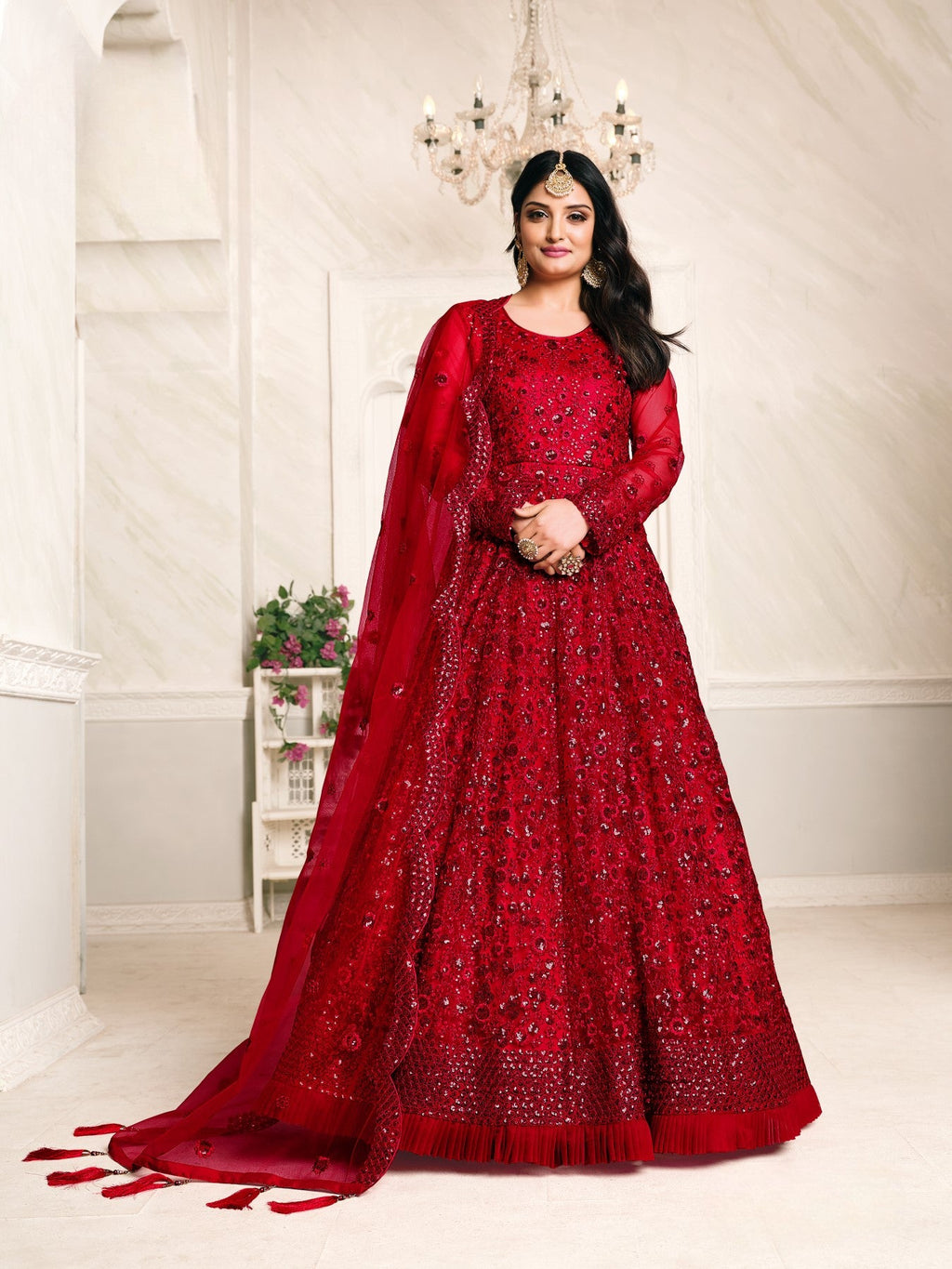 Anaita Red Embroidered Net Anarkali Suit | Grocsy