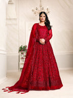 Anaita Red Embroidered Net Anarkali Suit | Grocsy