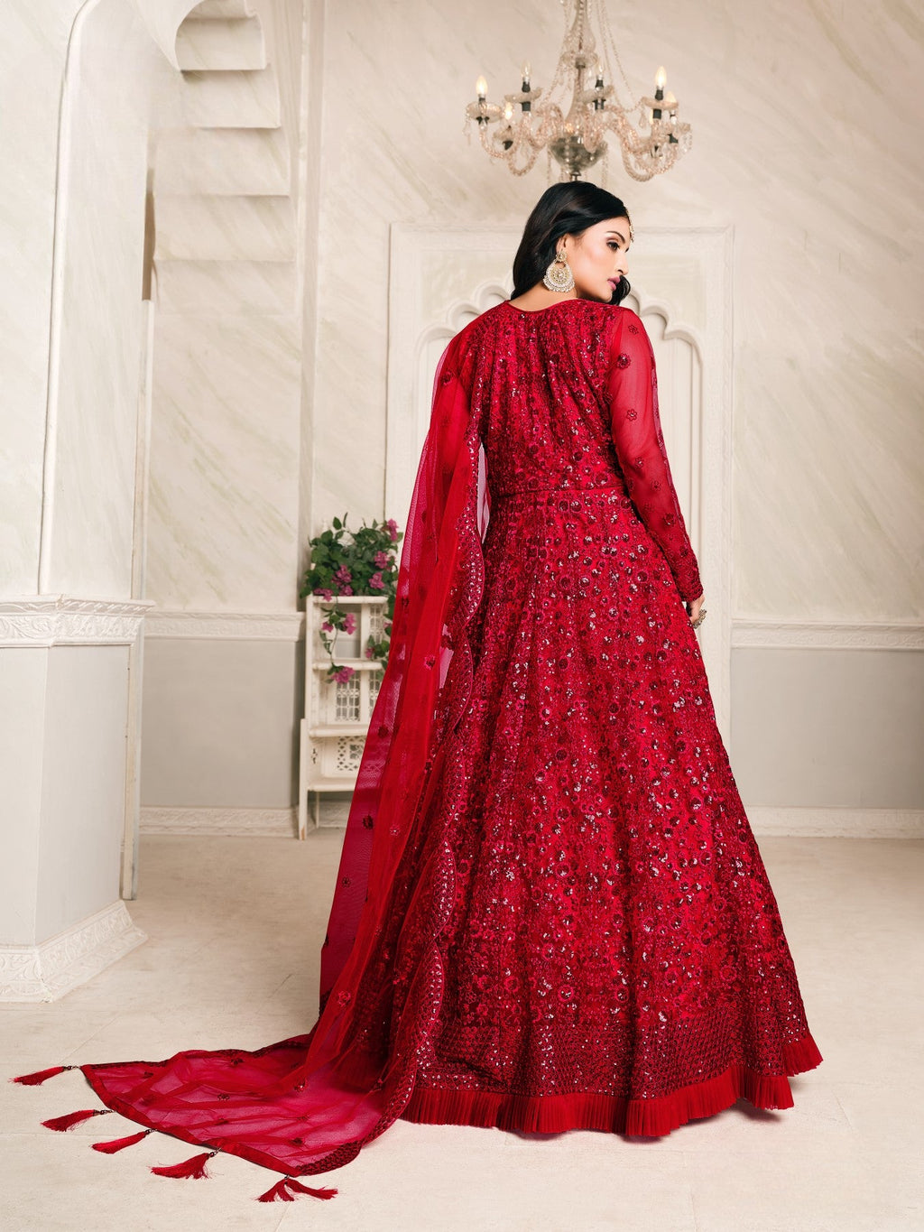 Anaita Red Embroidered Net Anarkali Suit | Grocsy