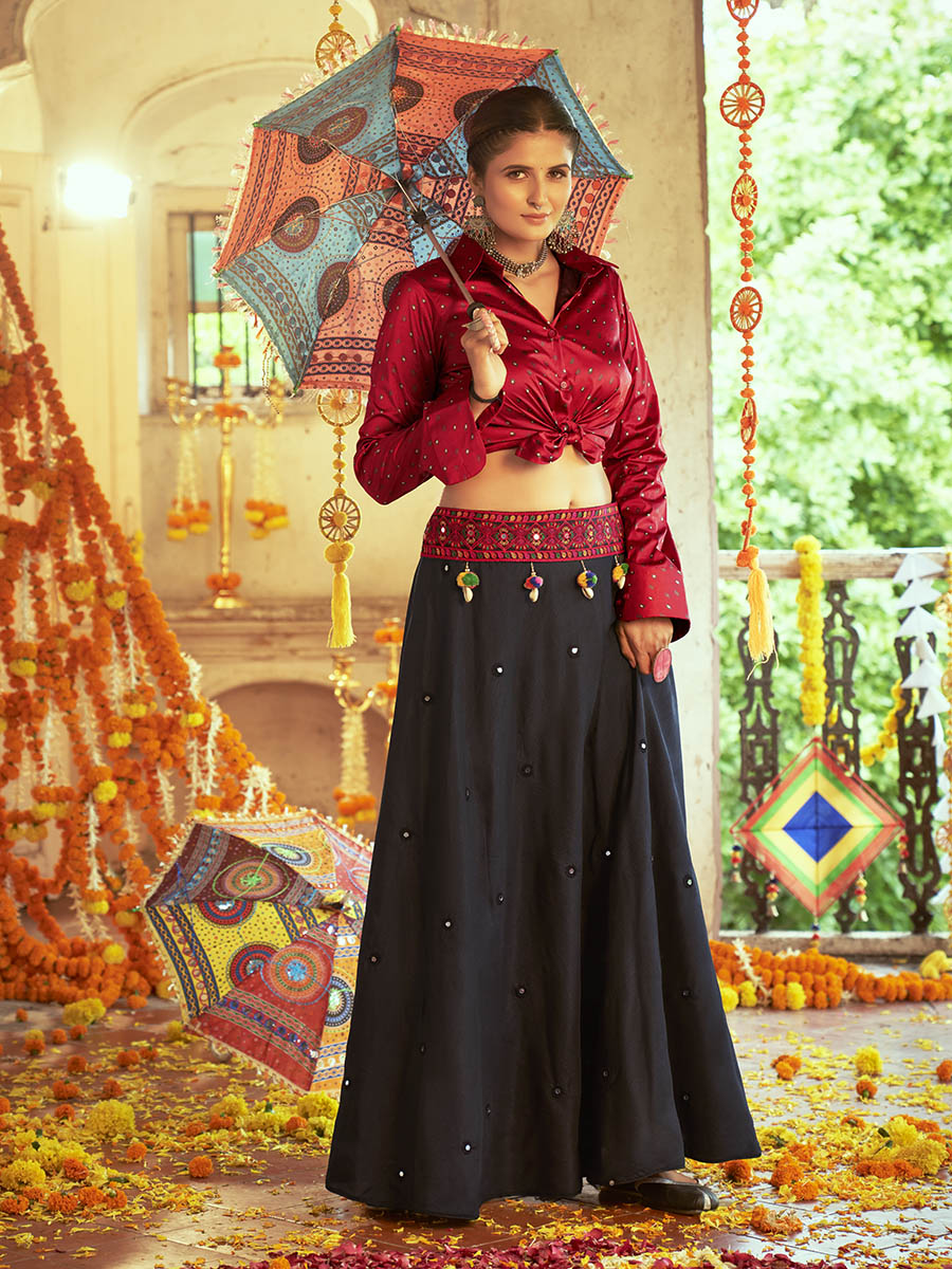 Myra Maroon & Black Cotton Embroidered Navratri Special Lehenga | Grocsy