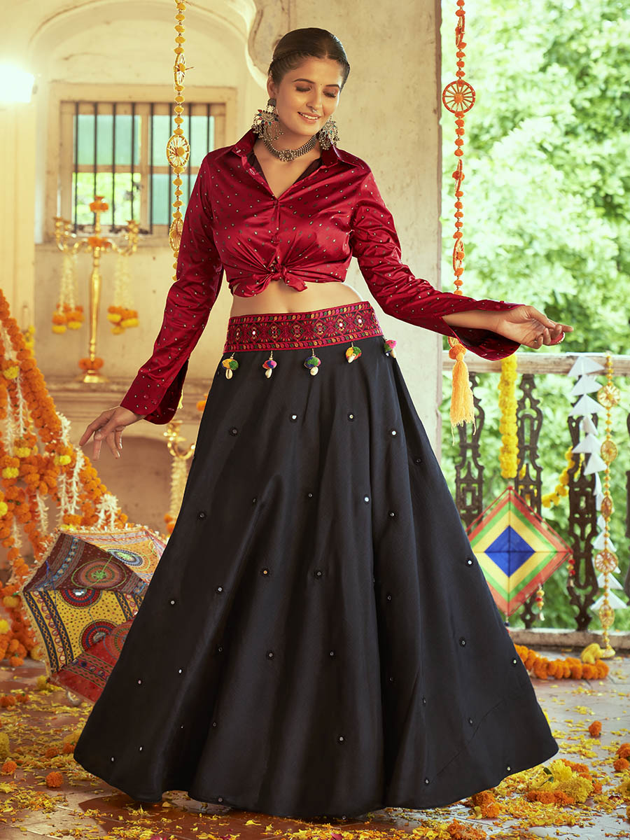 Myra Maroon & Black Cotton Embroidered Navratri Special Lehenga | Grocsy