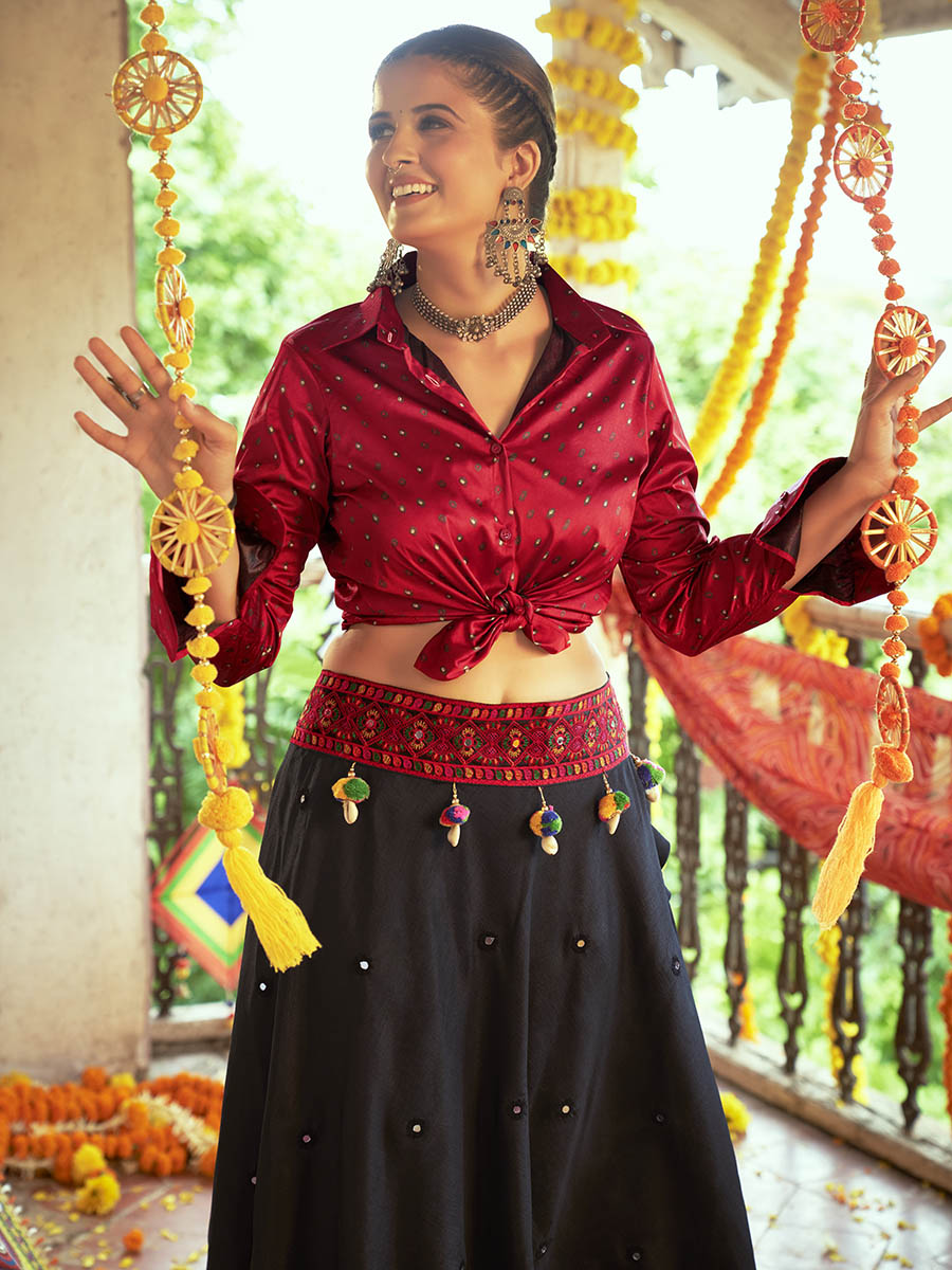 Myra Maroon & Black Cotton Embroidered Navratri Special Lehenga | Grocsy