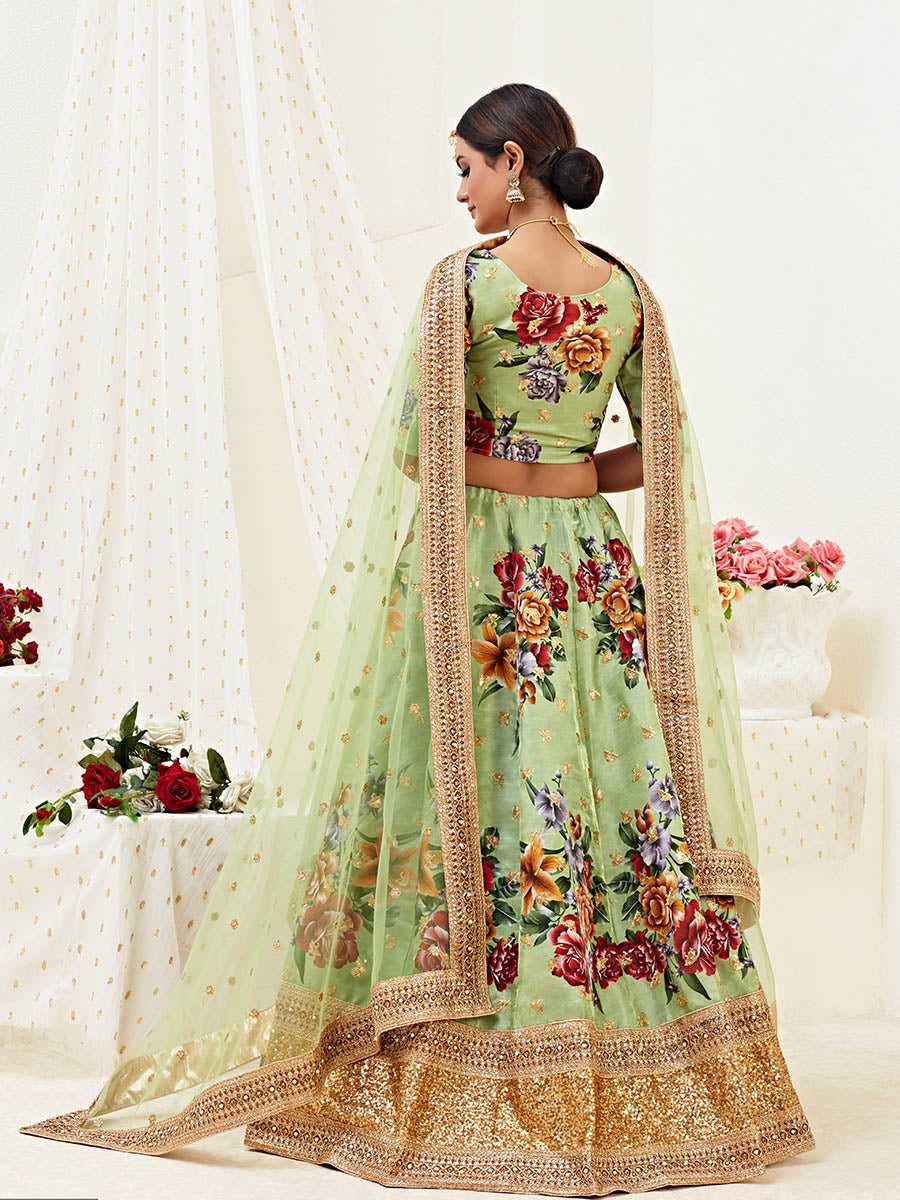 Myra Pista Floral Print Embroidered Designer Lehenga | Grocsy