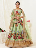 Myra Pista Floral Print Embroidered Designer Lehenga | Grocsy