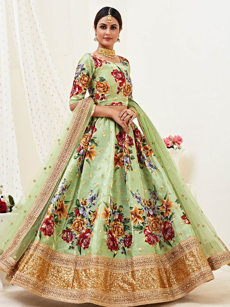 Myra Pista Floral Print Embroidered Designer Lehenga | Grocsy