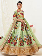 Myra Pista Floral Print Embroidered Designer Lehenga | Grocsy