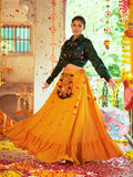 Myra Green & Musturd Yellow Cotton Embroidered Navratri Special Lehenga | Grocsy
