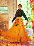 Myra Green & Musturd Yellow Cotton Embroidered Navratri Special Lehenga | Grocsy