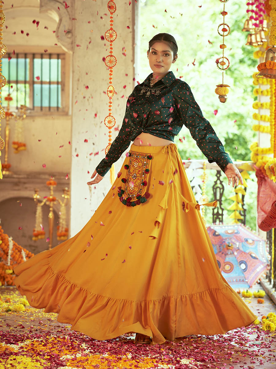 Myra Green & Musturd Yellow Cotton Embroidered Navratri Special Lehenga | Grocsy