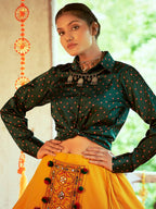 Myra Green & Musturd Yellow Cotton Embroidered Navratri Special Lehenga | Grocsy