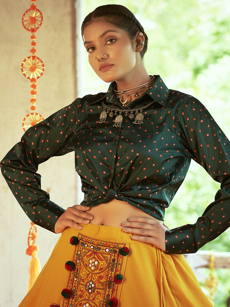 Myra Green & Musturd Yellow Cotton Embroidered Navratri Special Lehenga | Grocsy