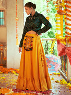 Myra Green & Musturd Yellow Cotton Embroidered Navratri Special Lehenga | Grocsy