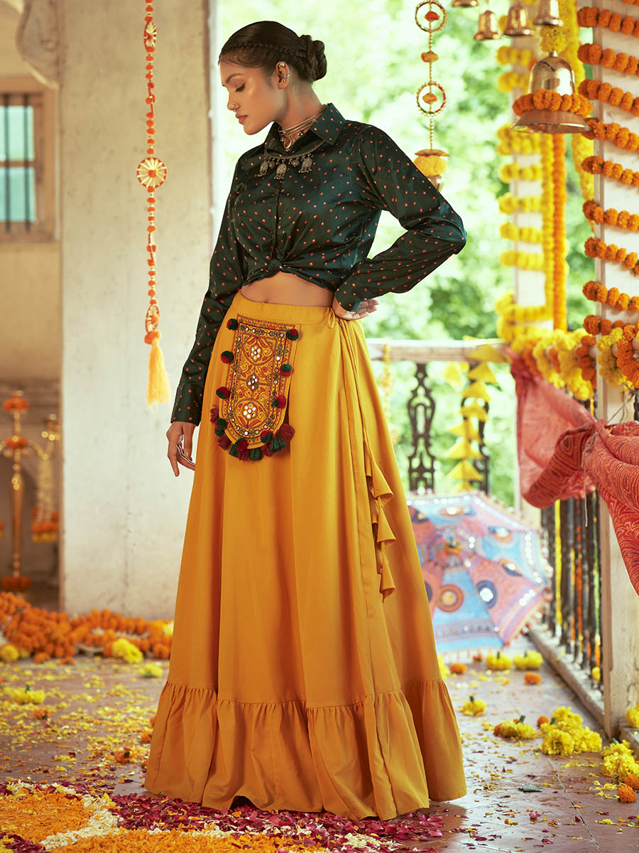 Myra Green & Musturd Yellow Cotton Embroidered Navratri Special Lehenga | Grocsy