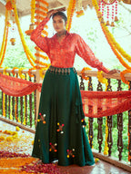 Myra Tomato Red & Green Cotton Embroidered Navratri Special Lehenga | Grocsy