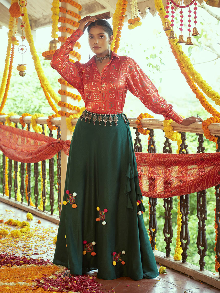 Myra Tomato Red & Green Cotton Embroidered Navratri Special Lehenga | Grocsy