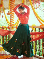 Myra Tomato Red & Green Cotton Embroidered Navratri Special Lehenga | Grocsy