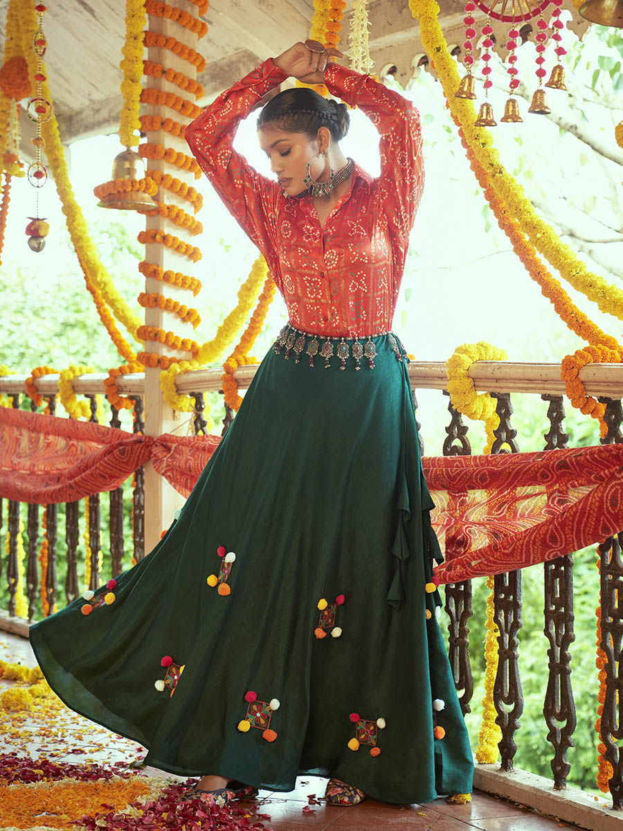 Myra Tomato Red & Green Cotton Embroidered Navratri Special Lehenga | Grocsy
