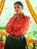 Myra Tomato Red & Green Cotton Embroidered Navratri Special Lehenga | Grocsy