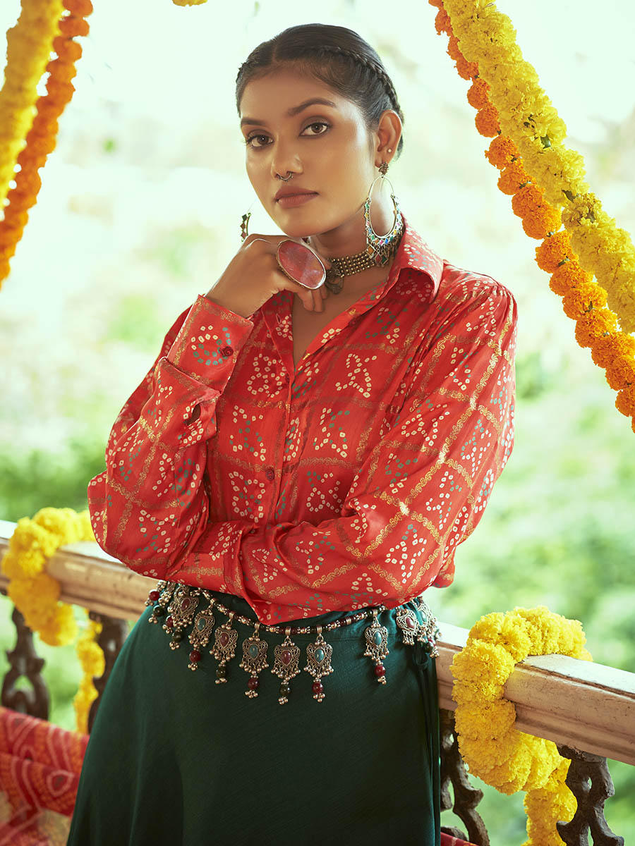 Myra Tomato Red & Green Cotton Embroidered Navratri Special Lehenga | Grocsy
