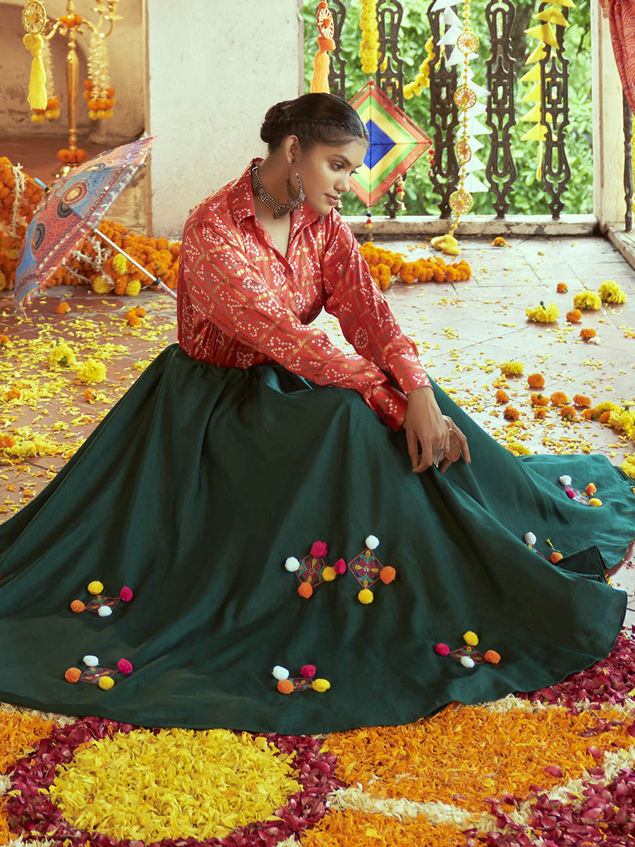 Myra Tomato Red & Green Cotton Embroidered Navratri Special Lehenga | Grocsy