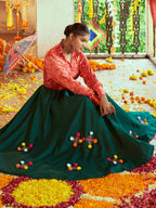 Myra Tomato Red & Green Cotton Embroidered Navratri Special Lehenga | Grocsy