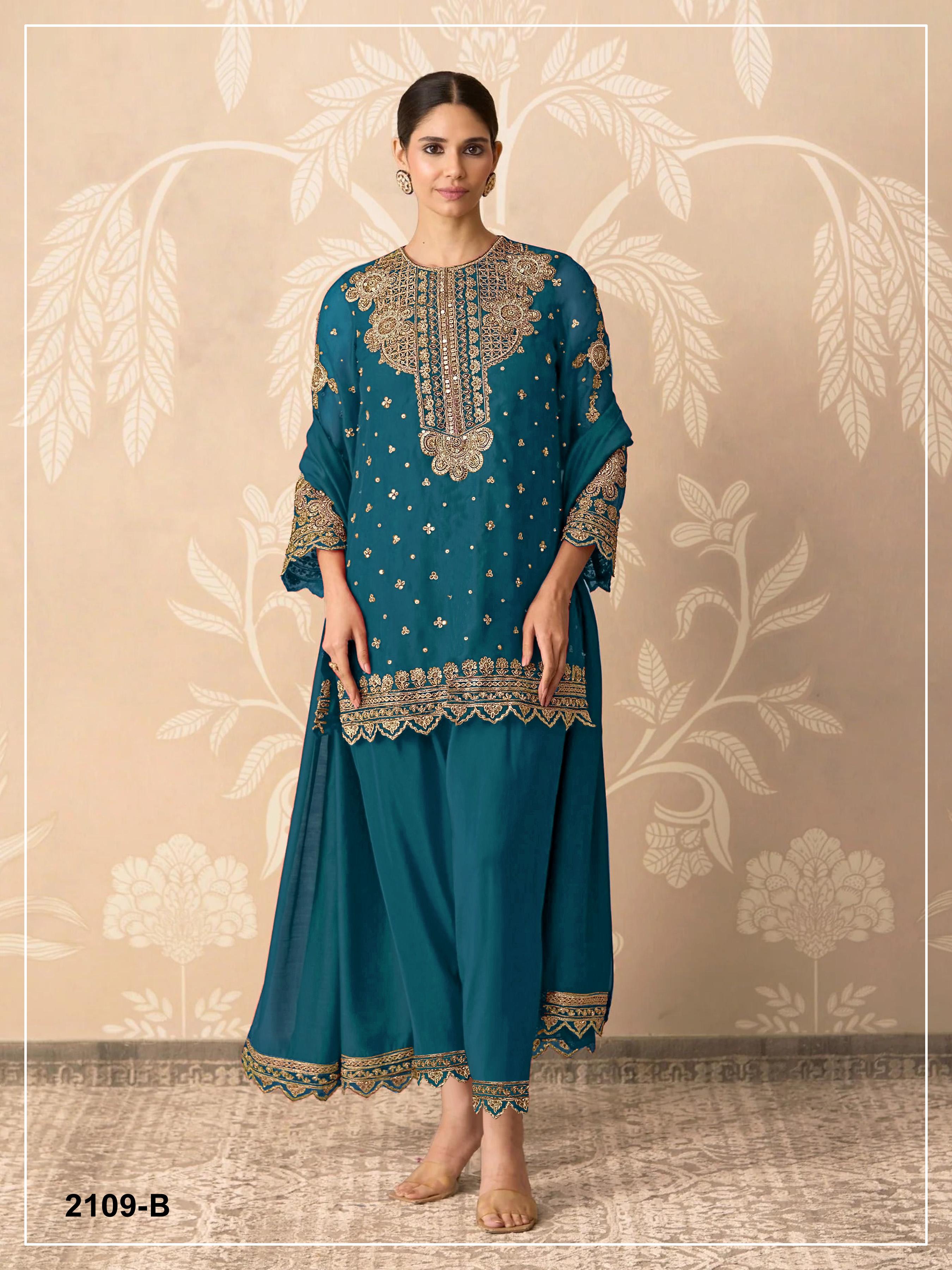 Anaita Teal Blue Georgette Suit With Embroidery & Sequence Work | Grocsy