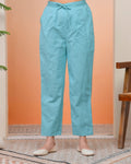 Vaasva Women Turquoise Cotton Flax Solid Straight Pants | Grocsy
