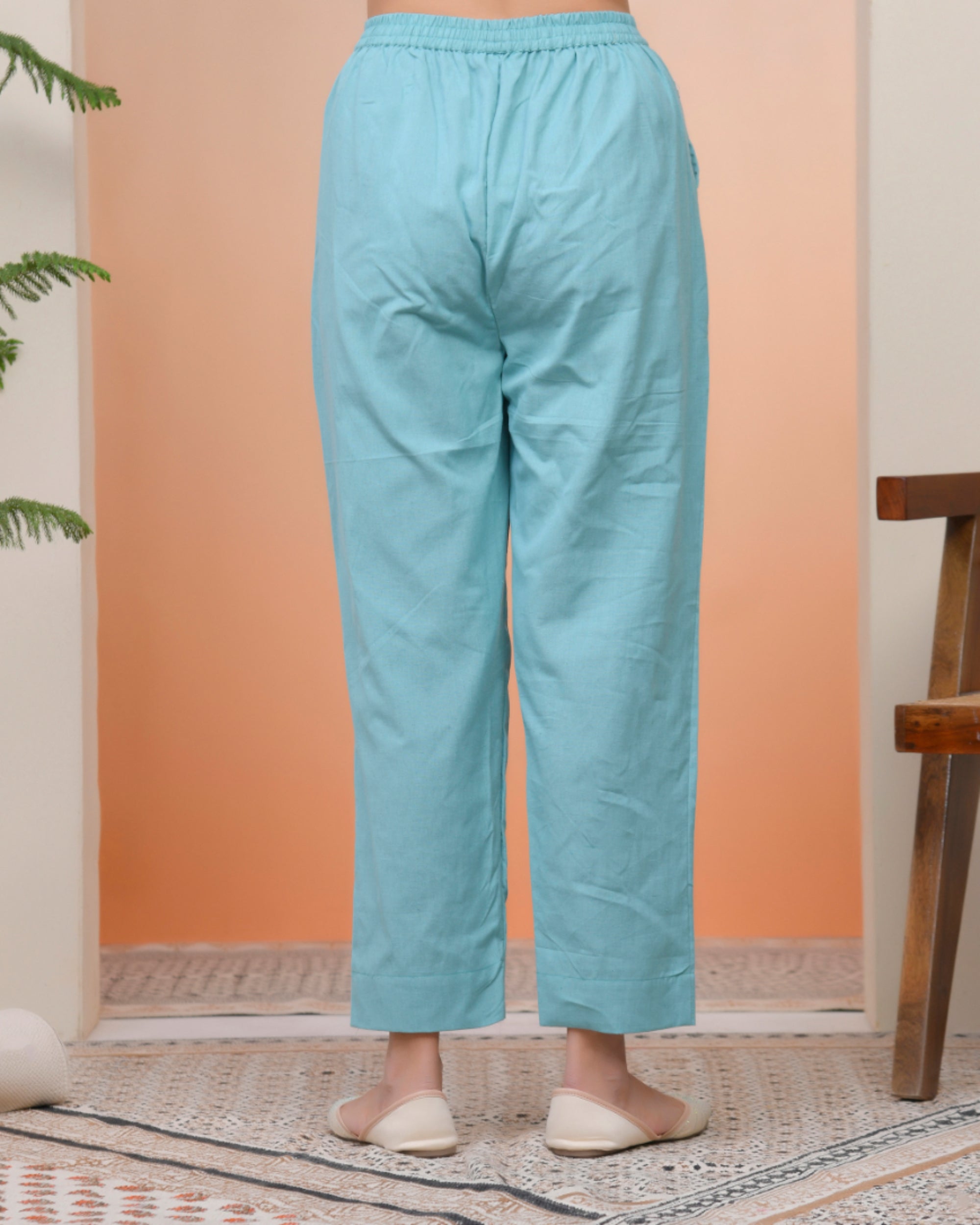 Vaasva Women Turquoise Cotton Flax Solid Straight Pants | Grocsy