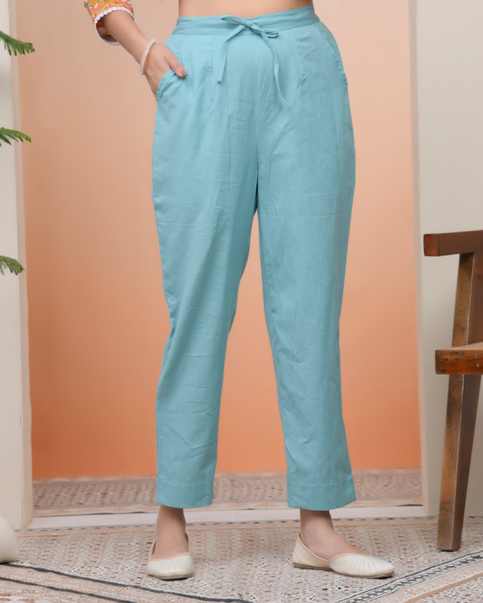 Vaasva Women Turquoise Cotton Flax Solid Straight Pants | Grocsy