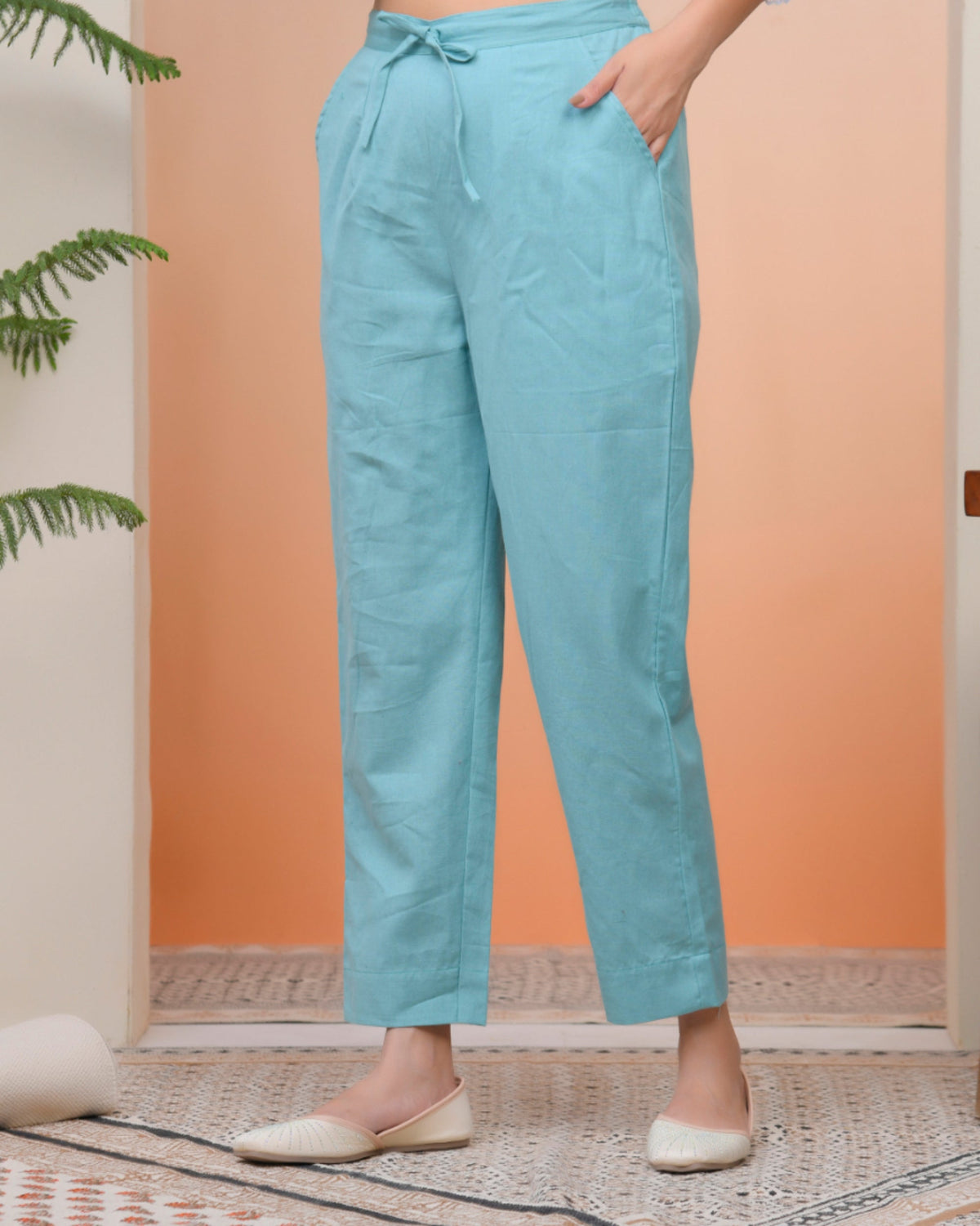 Vaasva Women Turquoise Cotton Flax Solid Straight Pants | Grocsy