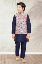 Raivat Ethnic Banarasi Silk Digital Printed Kurta Pajama With Jacket In Blue Colour | Grocsy