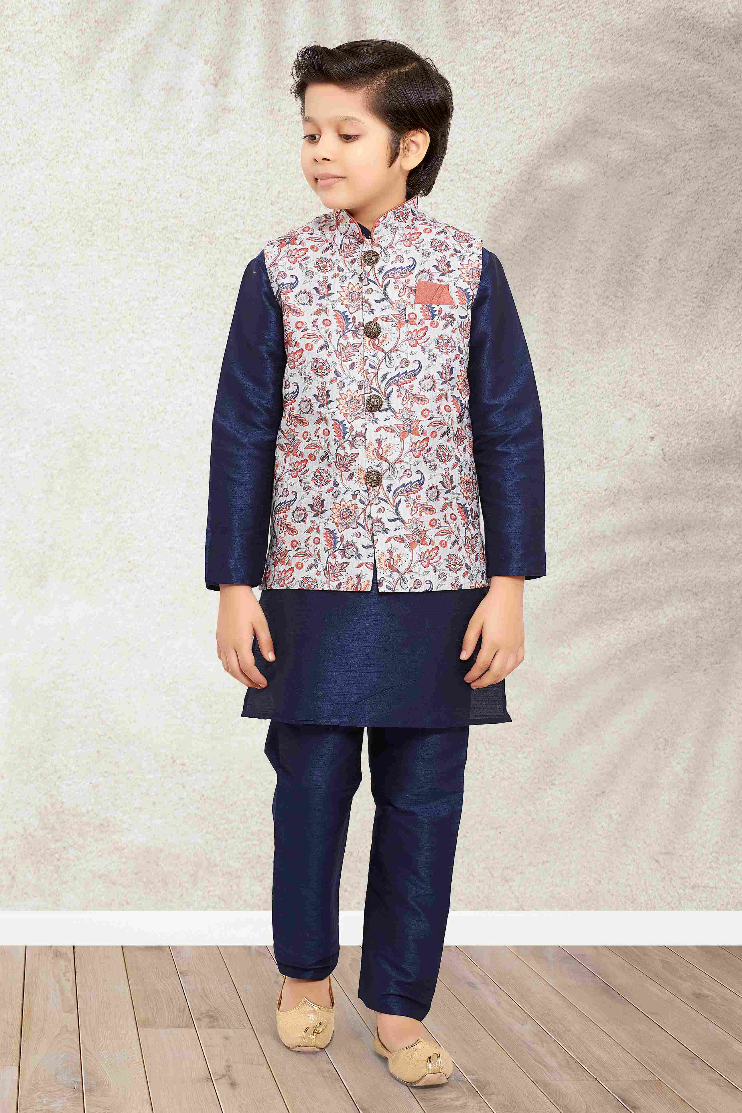 Raivat Ethnic Banarasi Silk Digital Printed Kurta Pajama With Jacket In Blue Colour | Grocsy