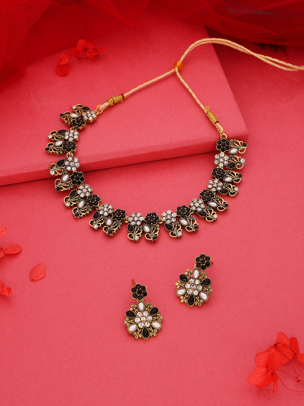 Tehzeeb Creations Luxurious Mendi Gold Polished White & Black Ad Jewellery Choker Necklace Set With Matching Earrings | Grocsy