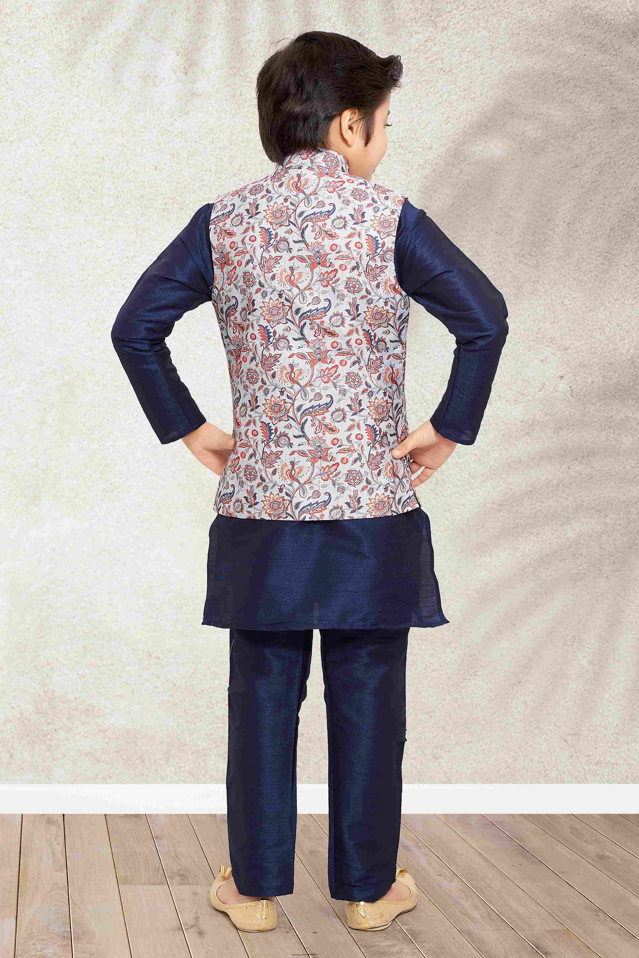 Raivat Ethnic Banarasi Silk Digital Printed Kurta Pajama With Jacket In Blue Colour | Grocsy